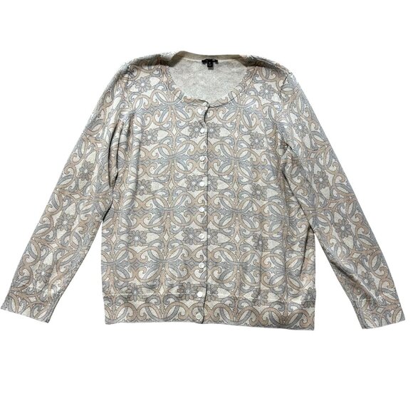 Talbots Womens 1X Floral Paisley Cardigan Sweater Button Front Beige & Gray - Picture 1 of 8